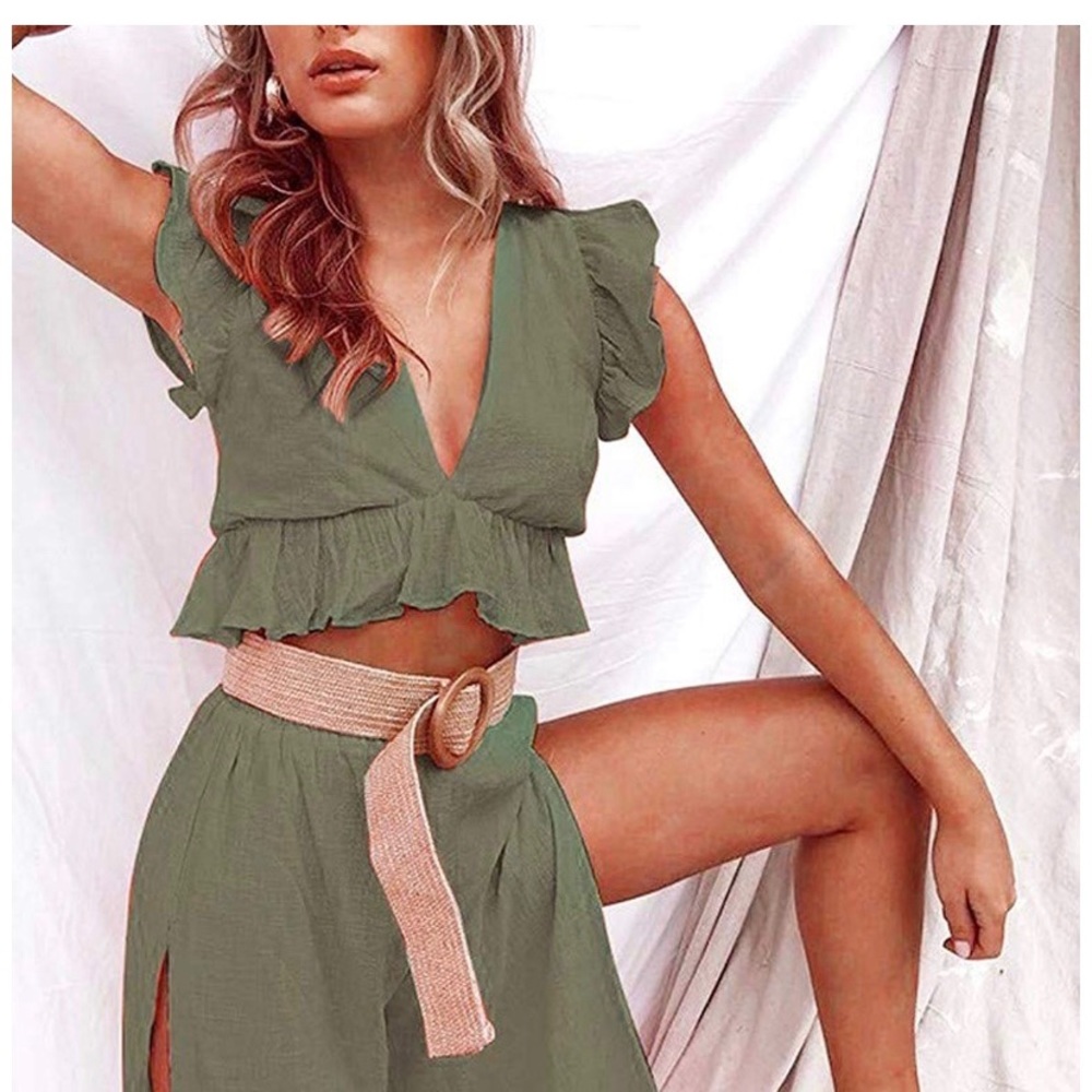 Olive Green Ruffled Crop Top - Picture 2 of 3